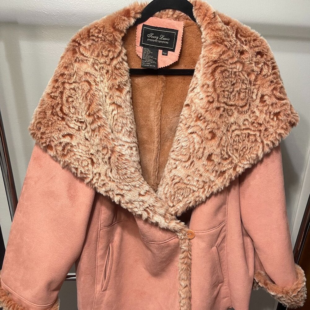 Women's Size P3X Terry Lewis Faux Suede Hooded Coat, Pinkish Peach Color